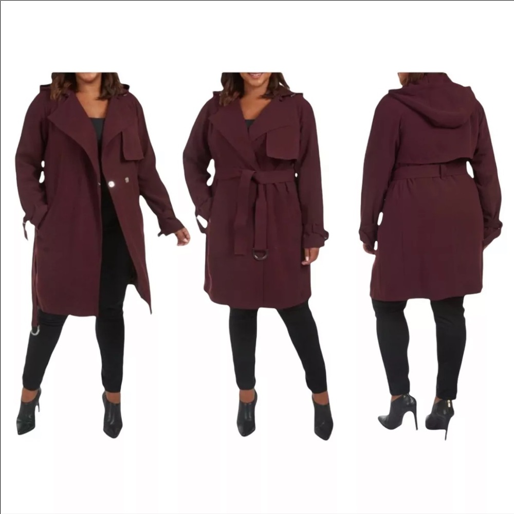 Rachel Roy Water Repellent Crepe Hooded Trench Coat Wine Plus Sizes 1X-3X $245
